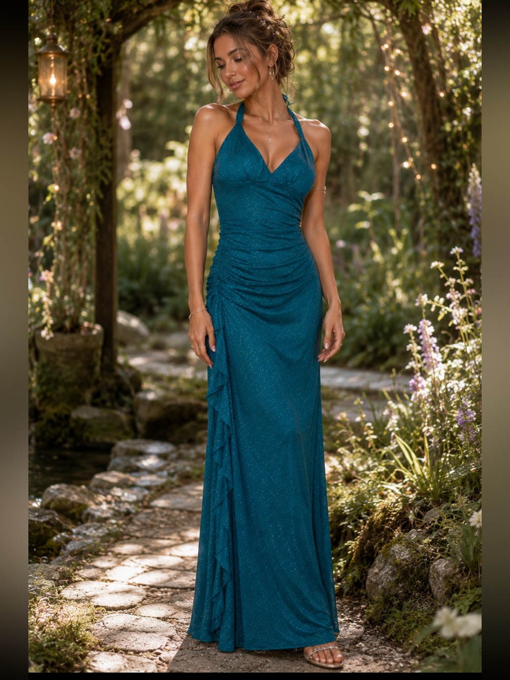 Y2K Vintage City Triangles Teal Halter Maxi Dress with Sparkle